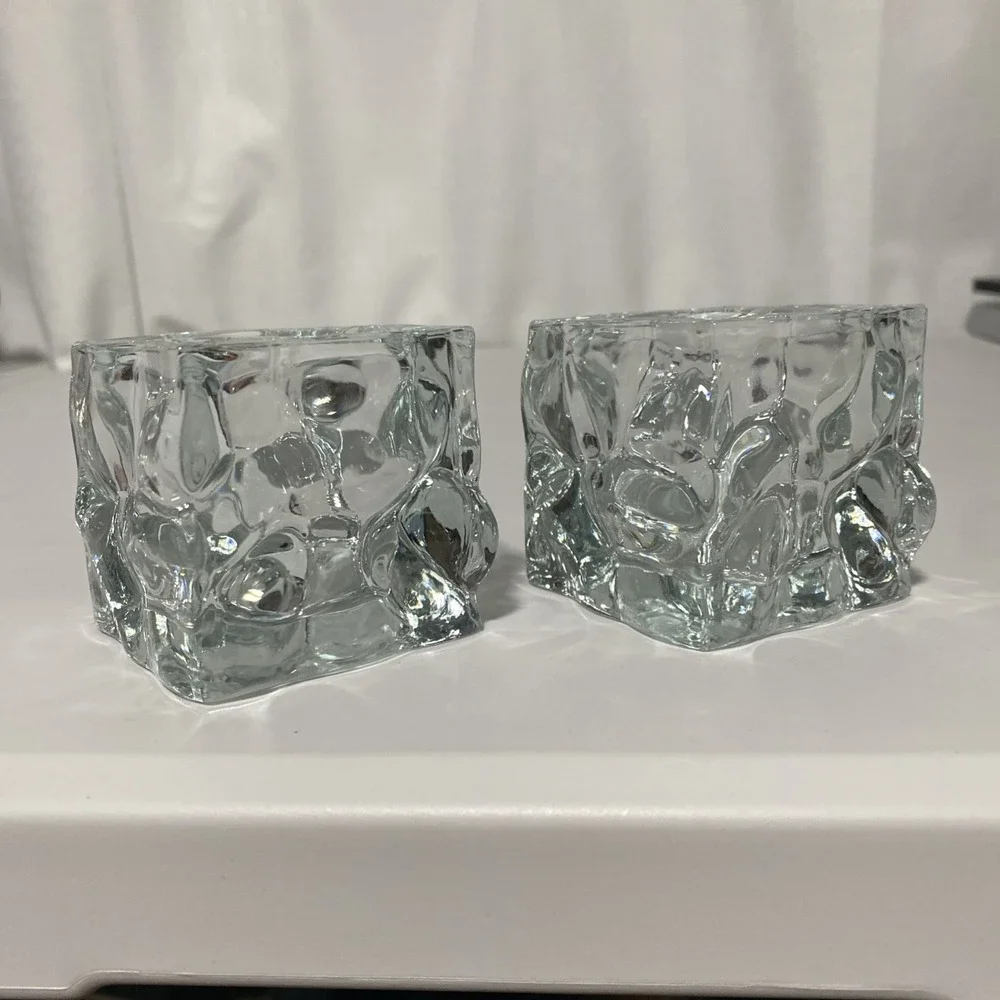 KIG Indonesia Heavy Ice Cube Square Crystal Votive Candle Holders Set of 2 Clear